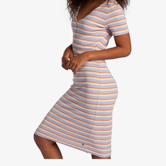 Roxy Bodycon Midi Dress Pink and White V-Neck - Picture 3 of 14